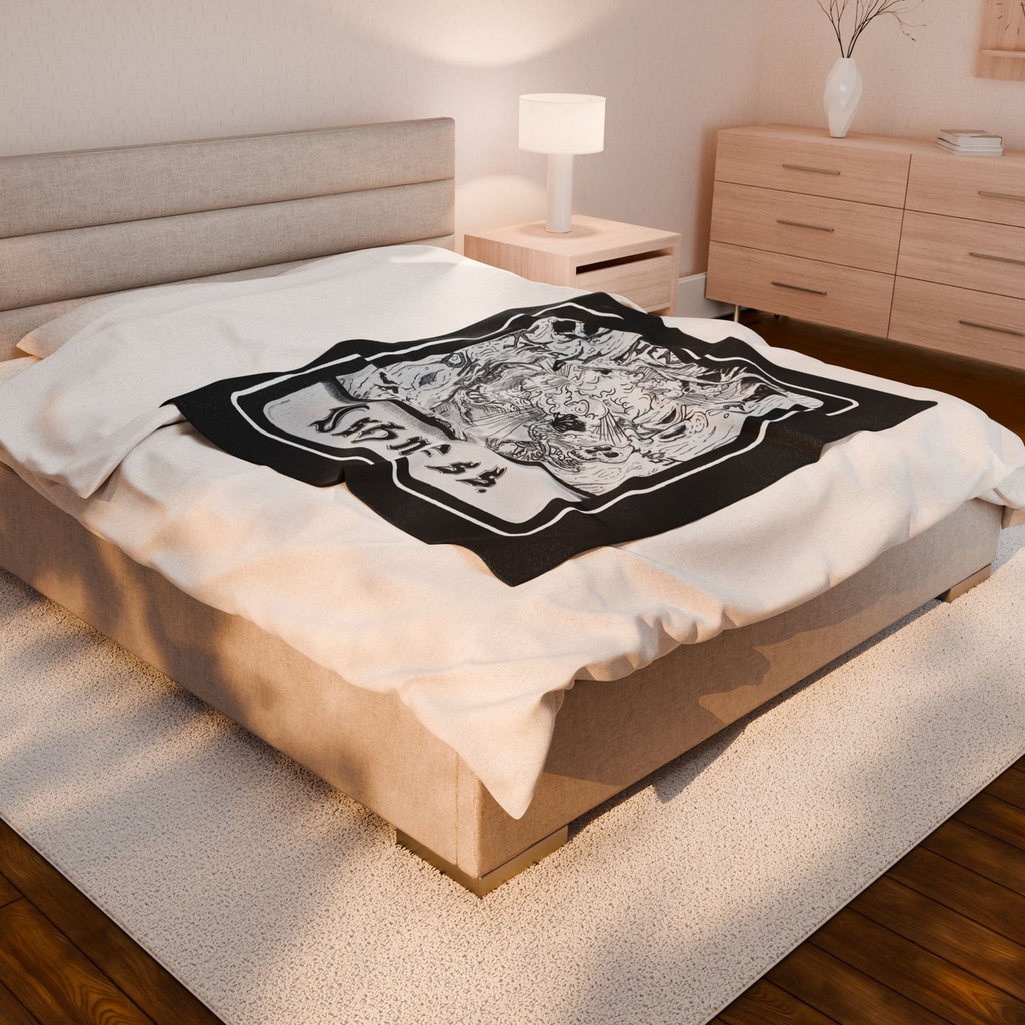 Ishness Velveteen Plush Blanket – Cozy Black and White Skull Design for Unique Home Decor